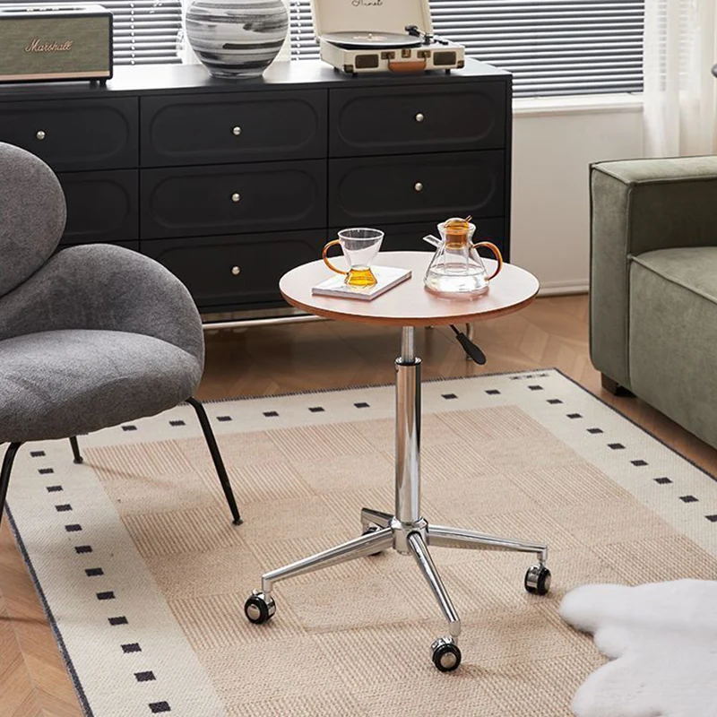 Modern Minimalist Round Medium-Density Fiberboard Carbon Steel Height-Adjustable Movable Side Table For Living Room