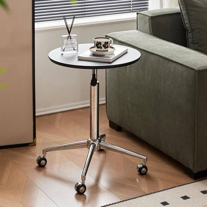 Modern Minimalist Round Medium-Density Fiberboard Carbon Steel Height-Adjustable Movable Side Table For Living Room