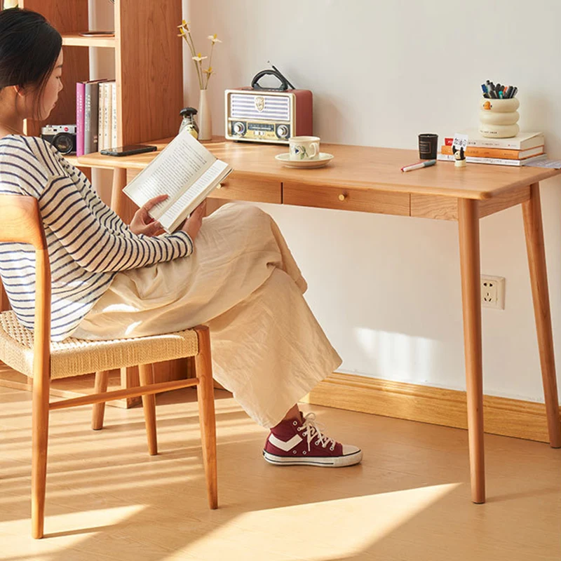 Contemporary Nordic Rectangular Cherry Wood Solid Wood Plywood Desks 1/2-Drawers For Home Office