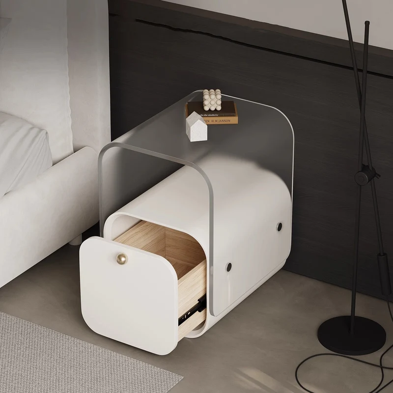 Modern Minimalist Square Acrylic Pine Wood Plywood Nightstand 1-Drawer For Bedroom