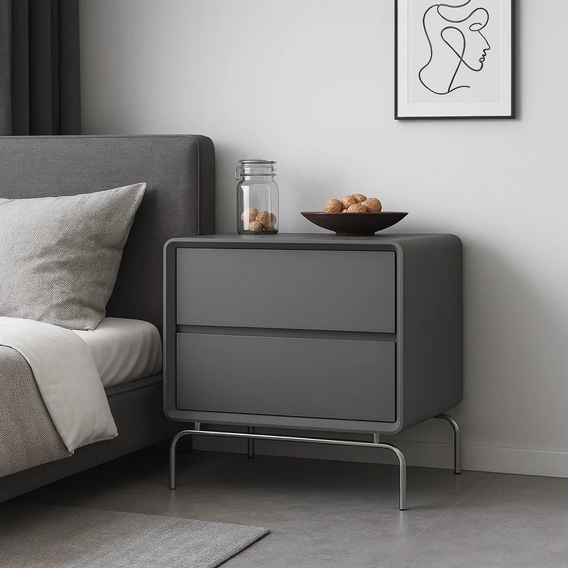 Contemporary Nordic Cat-Scratch Leather Pine Wood Carbon Steel Square Rectangular Nightstand With 2 Drawers For Bedroom