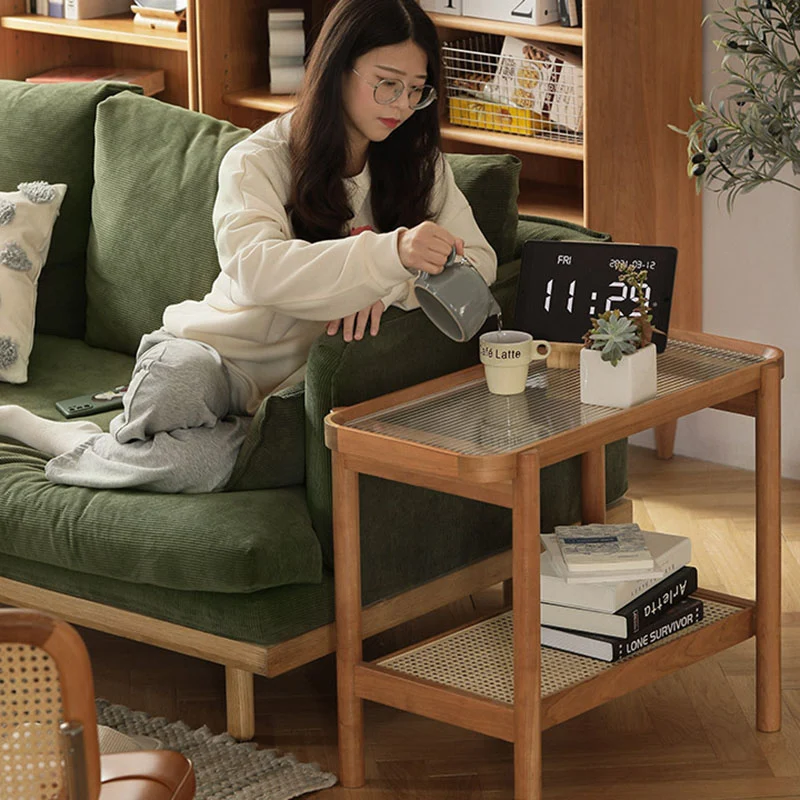 Modern Minimalist Rectangular Glass Cherry Wood Rattan End Table 4-Leg 2-Tier For Living Room