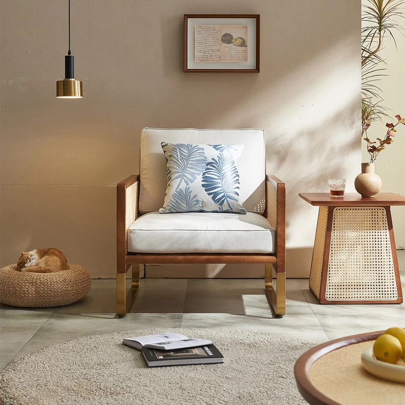 Traditional Japanese Square White Ash Wood Indonesian Rattan Linen-Cotton Blend Fabric Stainless Steel Backrest Armrest Accent Chair For Living Room