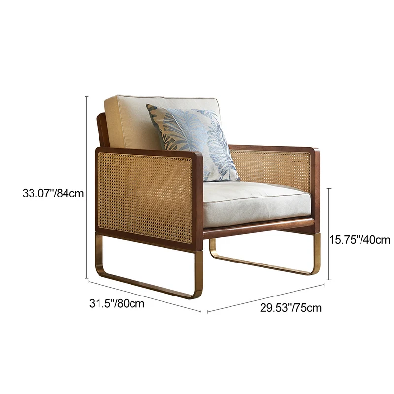 Traditional Japanese Square White Ash Wood Indonesian Rattan Linen-Cotton Blend Fabric Stainless Steel Backrest Armrest Accent Chair For Living Room