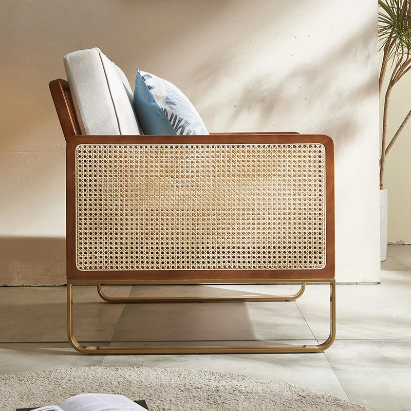Traditional Japanese Square White Ash Wood Indonesian Rattan Linen-Cotton Blend Fabric Stainless Steel Backrest Armrest Accent Chair For Living Room