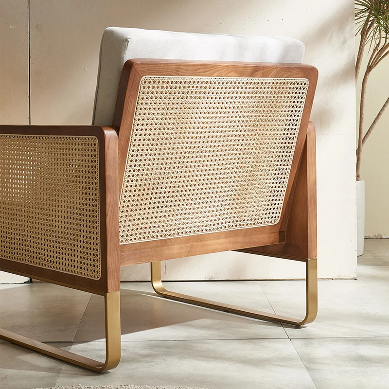 Traditional Japanese Square White Ash Wood Indonesian Rattan Linen-Cotton Blend Fabric Stainless Steel Backrest Armrest Accent Chair For Living Room
