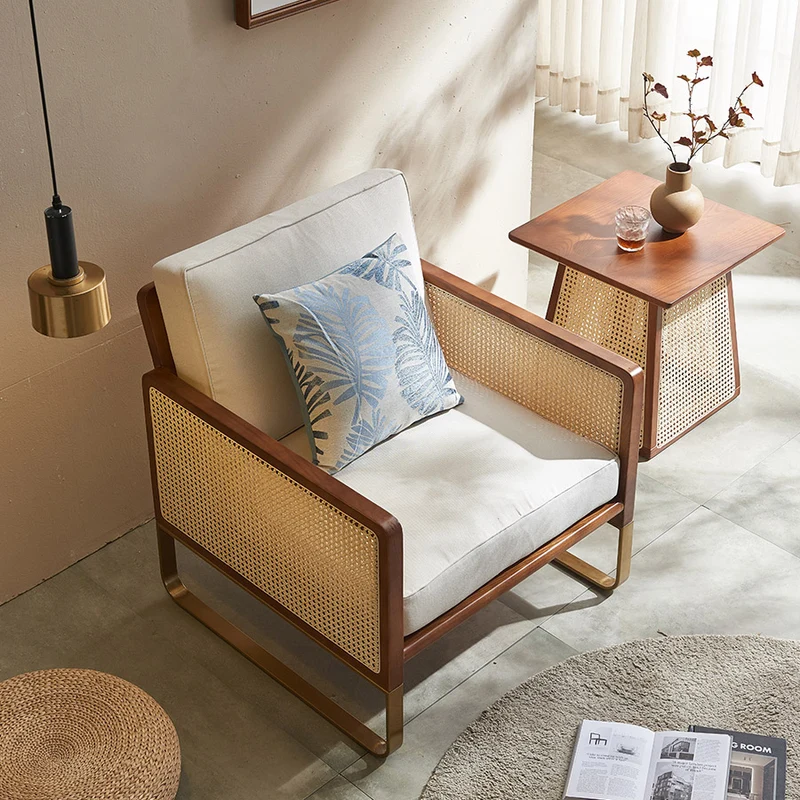 Traditional Japanese Square White Ash Wood Indonesian Rattan Linen-Cotton Blend Fabric Stainless Steel Backrest Armrest Accent Chair For Living Room