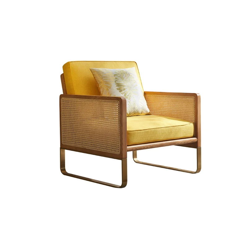 Traditional Japanese Square White Ash Wood Indonesian Rattan Linen-Cotton Blend Fabric Stainless Steel Backrest Armrest Accent Chair For Living Room