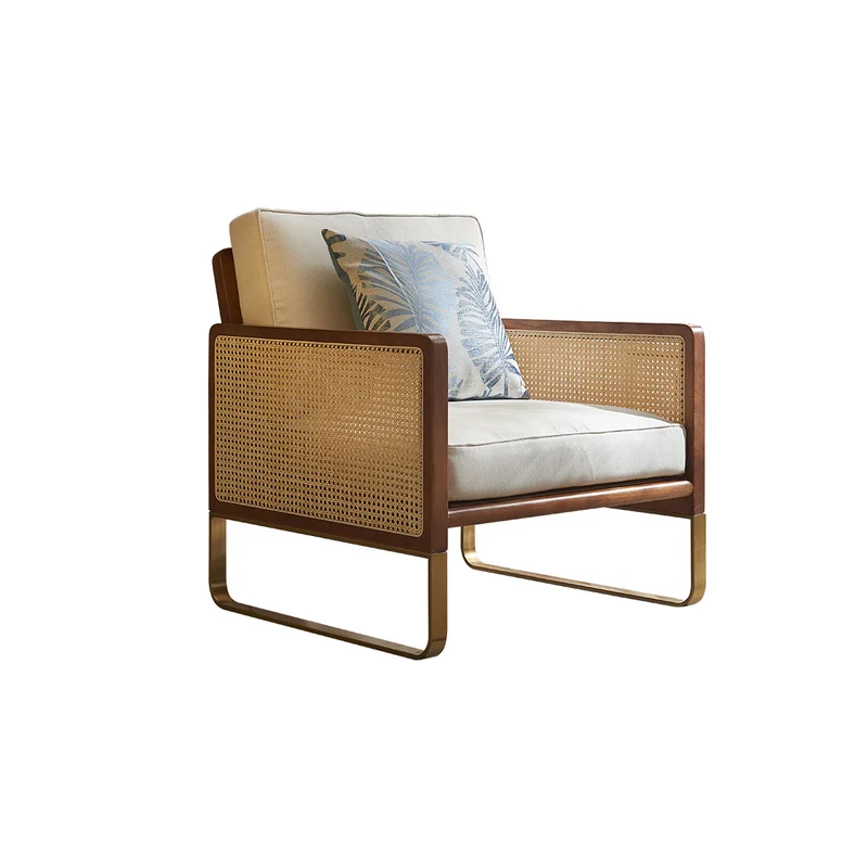 Traditional Japanese Square White Ash Wood Indonesian Rattan Linen-Cotton Blend Fabric Stainless Steel Backrest Armrest Accent Chair For Living Room