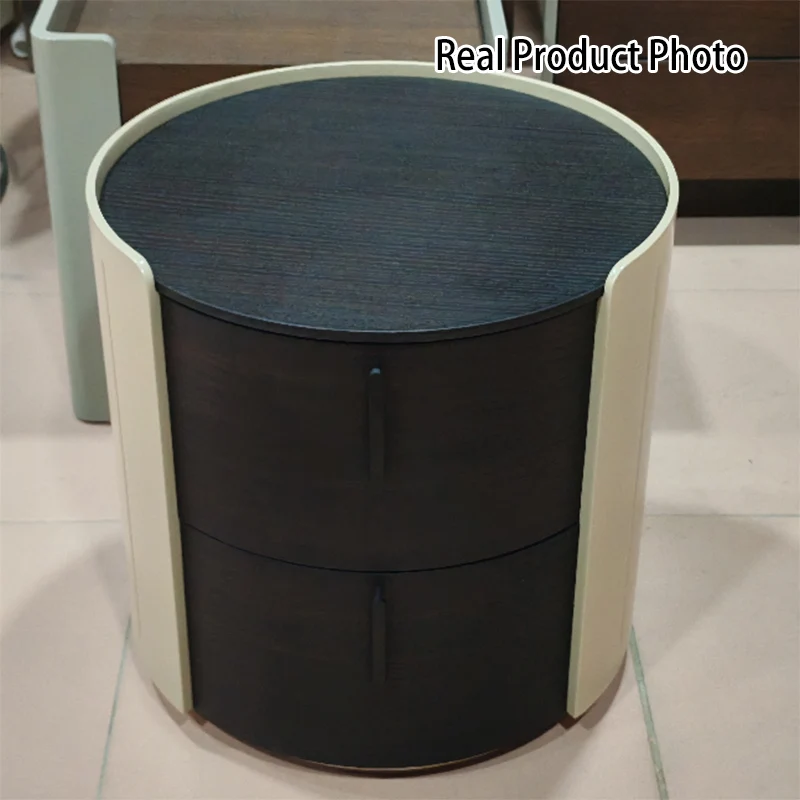 Contemporary Retro Nightstand - Space Aesthetic Highlight & Cylindrical Anti-Collision Design Bedside Table 2-Drawer For Bedroom