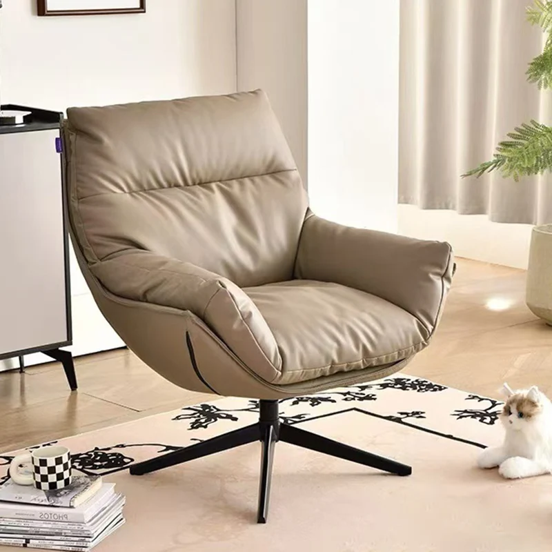 Modern Minimalist Curved Faux Leather Iron Sponge Swivel Accent Chair Backrest Armrest For Living Room