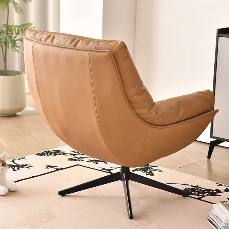 Modern Minimalist Curved Faux Leather Iron Sponge Swivel Accent Chair Backrest Armrest For Living Room