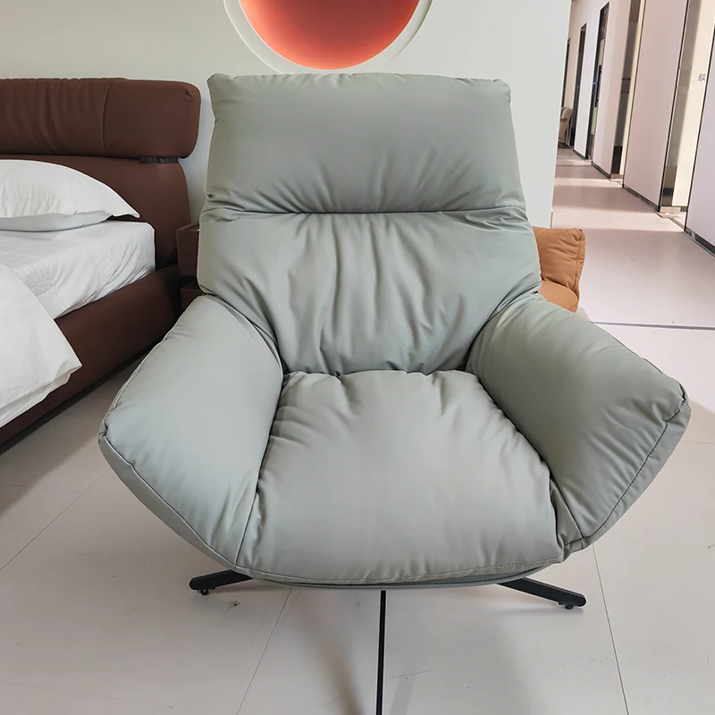 Modern Minimalist Curved Faux Leather Iron Sponge Swivel Accent Chair Backrest Armrest For Living Room