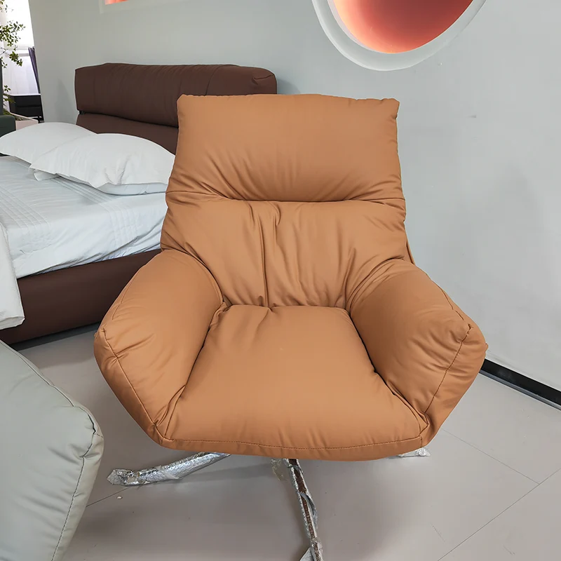 Modern Minimalist Curved Faux Leather Iron Sponge Swivel Accent Chair Backrest Armrest For Living Room