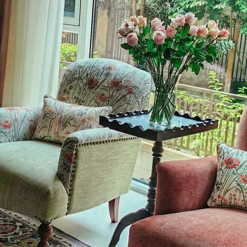 Traditional French Rectangular Cotton-linen Ash Wood Accent Chair Backrest Armrest For Living Room