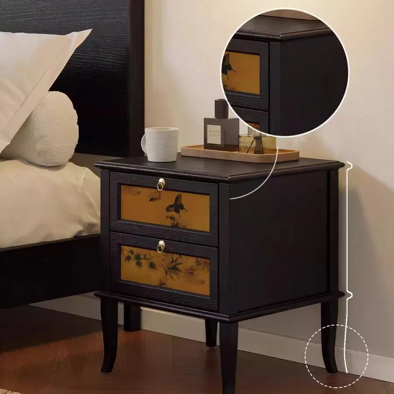 Traditional Vintage Square White Ash Wood Plywood Xiangyunsha Silk Nightstand 1-Cabinet/2-Drawer For Bedroom