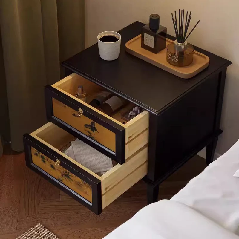Traditional Vintage Square White Ash Wood Plywood Xiangyunsha Silk Nightstand 1-Cabinet/2-Drawer For Bedroom