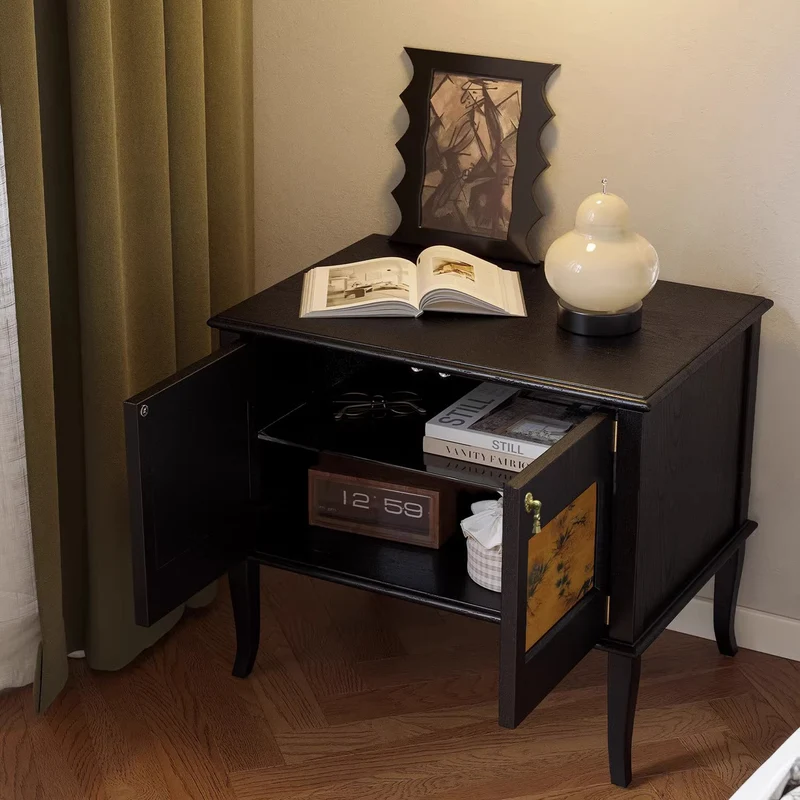 Traditional Vintage Square White Ash Wood Plywood Xiangyunsha Silk Nightstand 1-Cabinet/2-Drawer For Bedroom