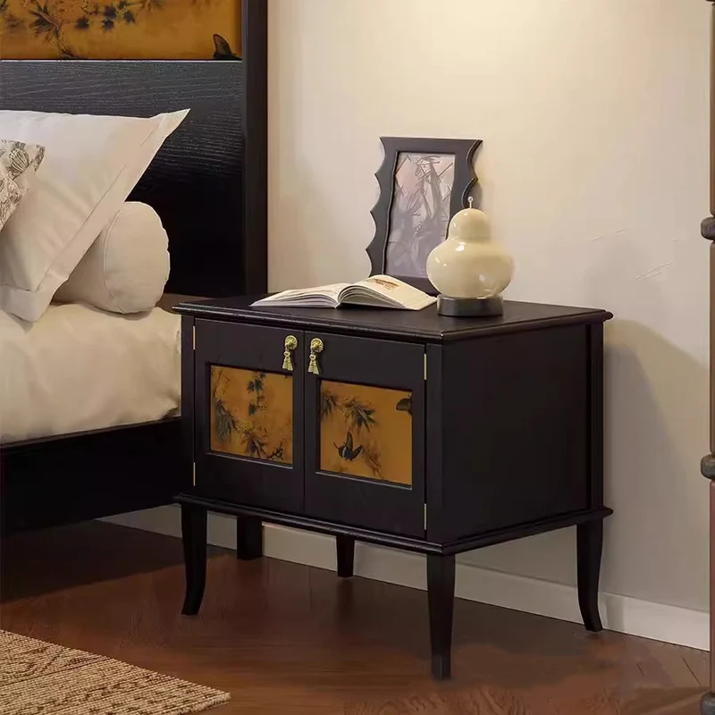 Traditional Vintage Square White Ash Wood Plywood Xiangyunsha Silk Nightstand 1-Cabinet/2-Drawer For Bedroom