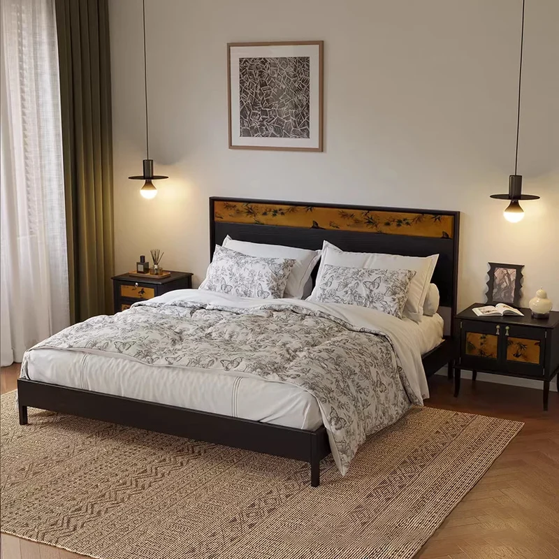 Traditional Vintage Square White Ash Wood Plywood Xiangyunsha Silk Nightstand 1-Cabinet/2-Drawer For Bedroom
