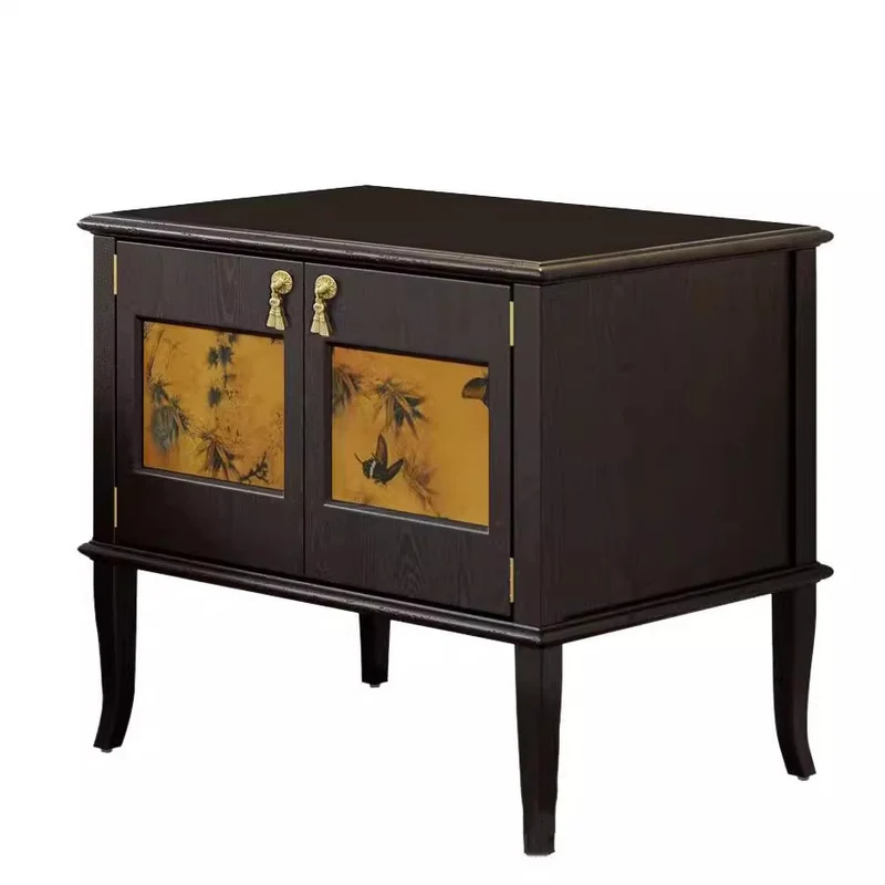 Traditional Vintage Square White Ash Wood Plywood Xiangyunsha Silk Nightstand 1-Cabinet/2-Drawer For Bedroom