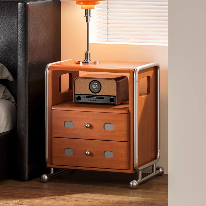 Traditional Vintage Square Pine Wood Boxwood Stainless Steel Nightstand 2-Drawer For Bedroom