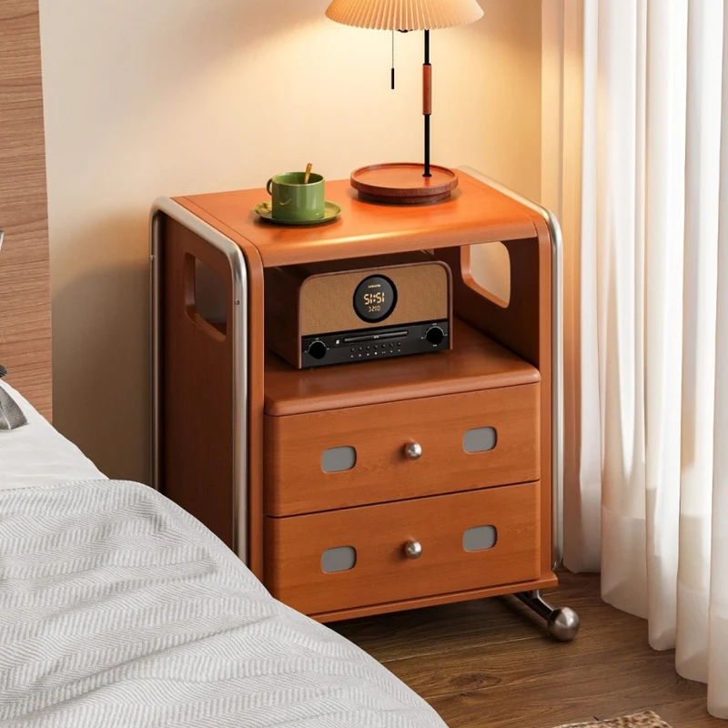 Traditional Vintage Square Pine Wood Boxwood Stainless Steel Nightstand 2-Drawer For Bedroom