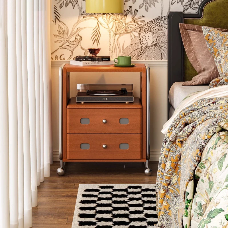 Traditional Vintage Square Pine Wood Boxwood Stainless Steel Nightstand 2-Drawer For Bedroom