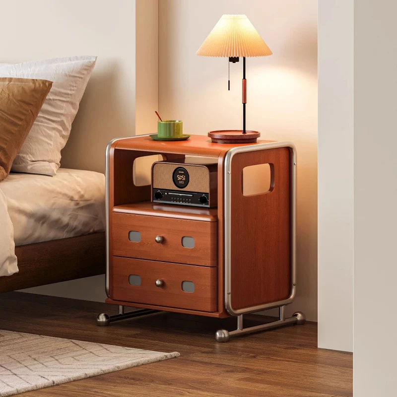 Traditional Vintage Square Pine Wood Boxwood Stainless Steel Nightstand 2-Drawer For Bedroom