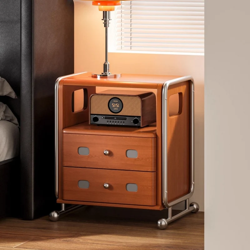 Traditional Vintage Square Pine Wood Boxwood Stainless Steel Nightstand 2-Drawer For Bedroom