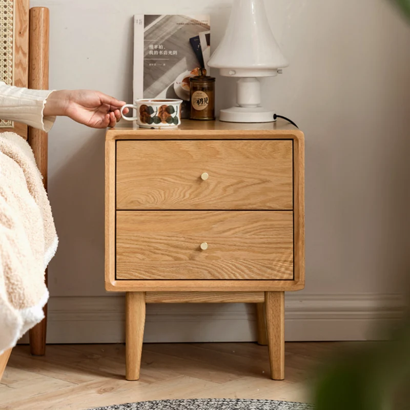 Modern Minimalist Rectangular Rubberwood Nightstand 4-Leg 2-Drawer For Bedroom