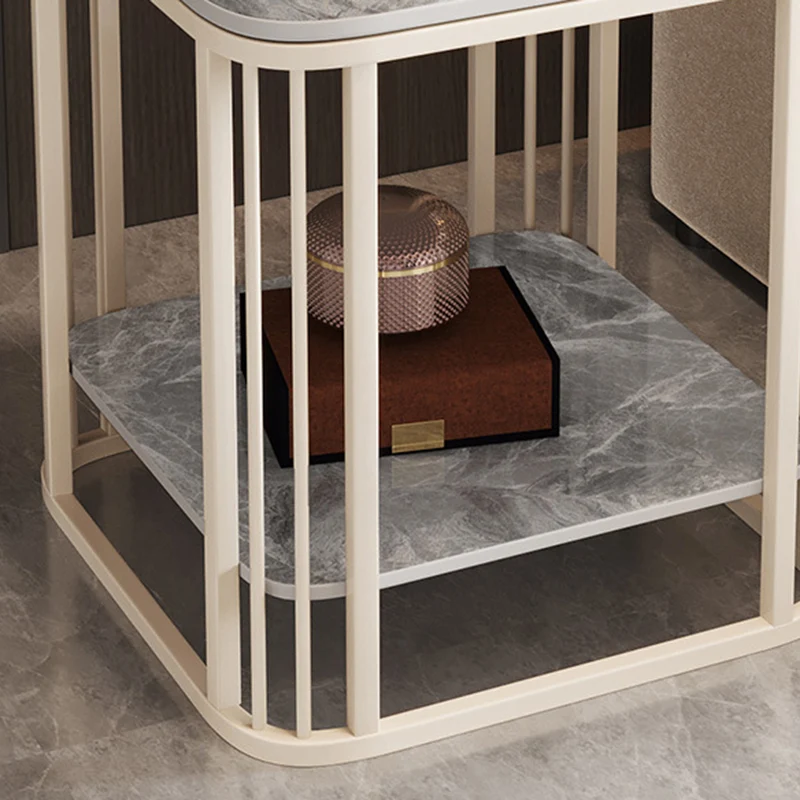 Contemporary Nordic Rounded-Edge Stone Slab Carbon Steel End Table 2-Tier For Living Room