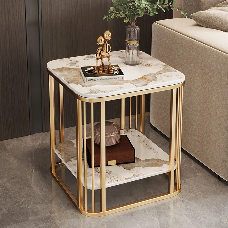 Contemporary Nordic Rounded-Edge Stone Slab Carbon Steel End Table 2-Tier For Living Room