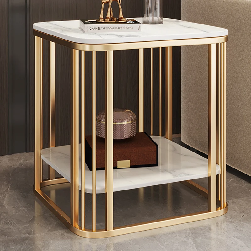 Contemporary Nordic Rounded-Edge Stone Slab Carbon Steel End Table 2-Tier For Living Room