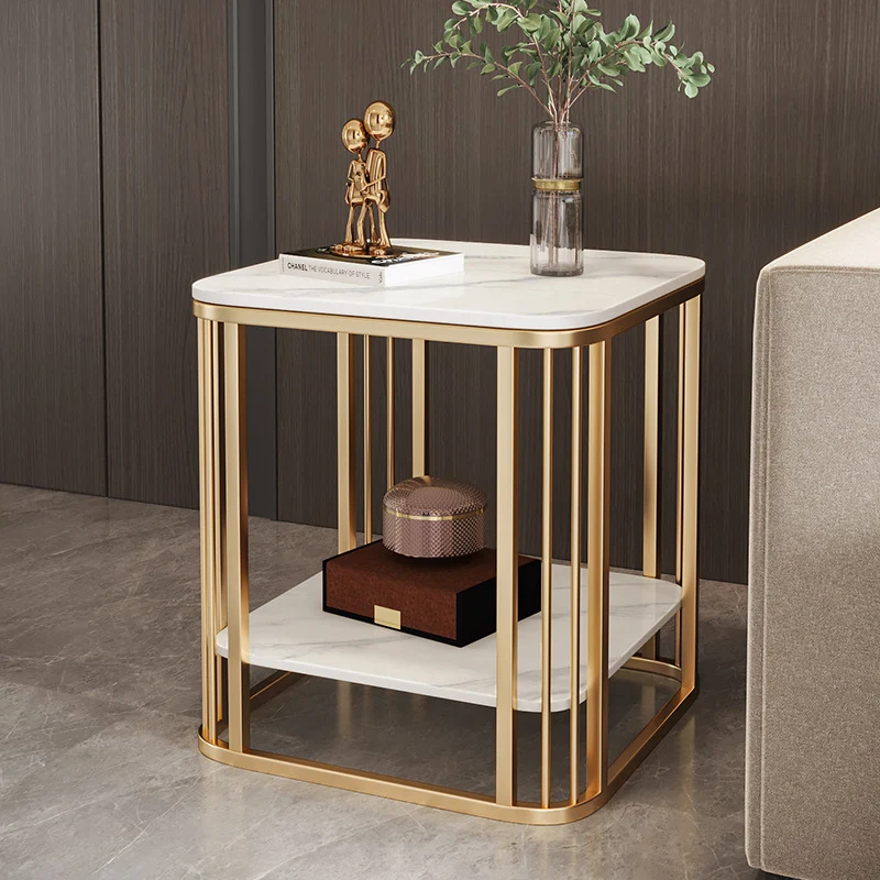 Contemporary Nordic Rounded-Edge Stone Slab Carbon Steel End Table 2-Tier For Living Room