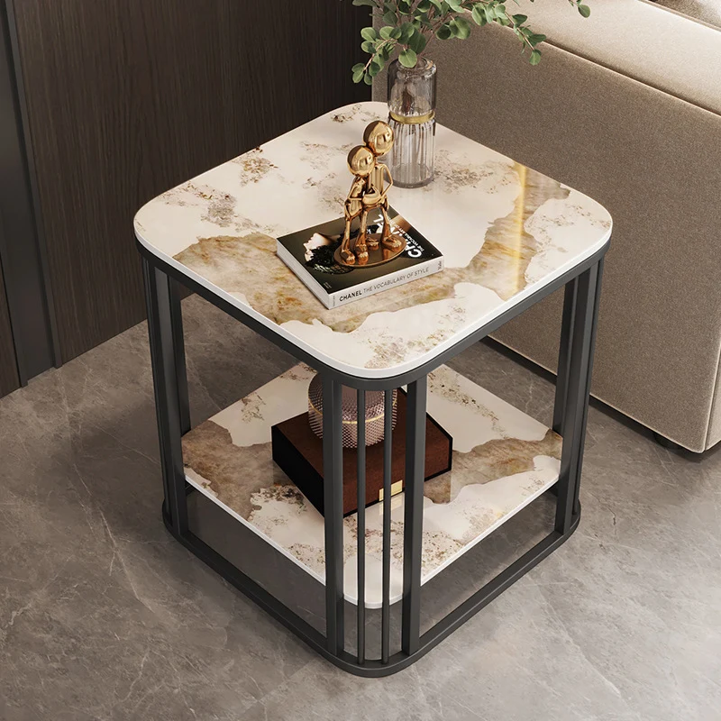 Contemporary Nordic Rounded-Edge Stone Slab Carbon Steel End Table 2-Tier For Living Room