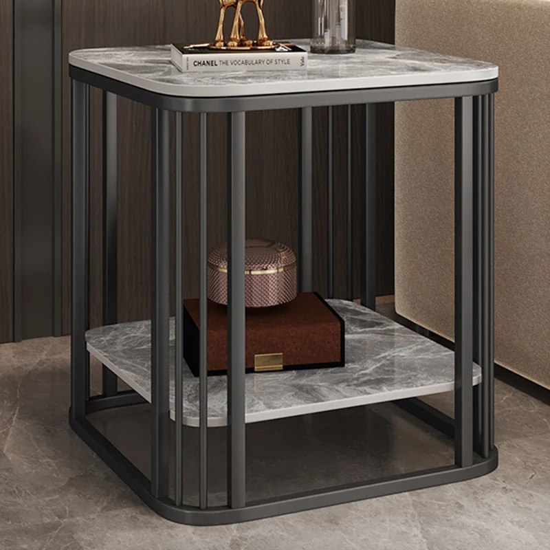Contemporary Nordic Rounded-Edge Stone Slab Carbon Steel End Table 2-Tier For Living Room