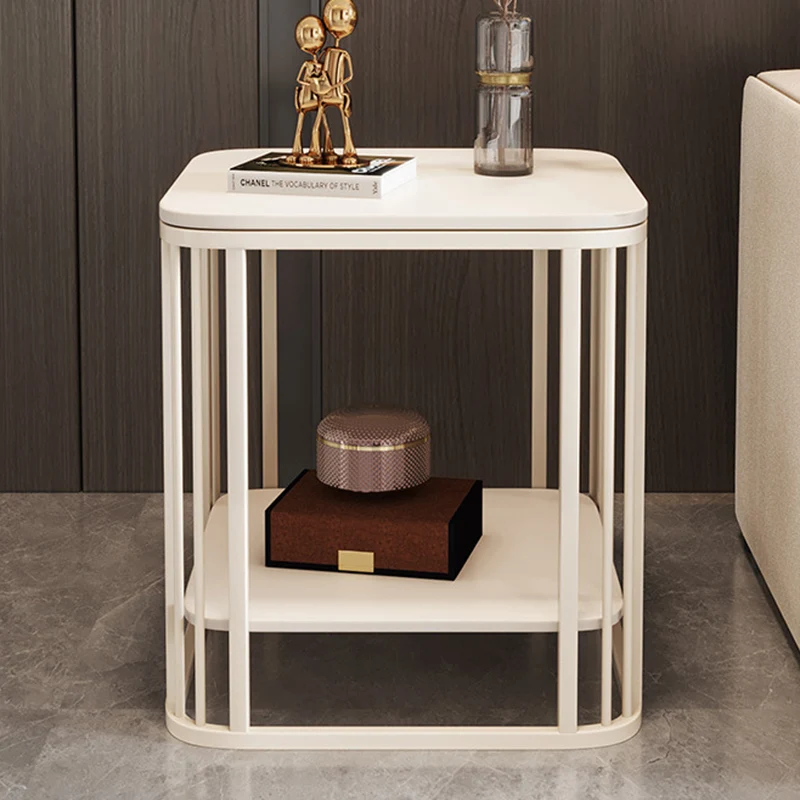 Contemporary Nordic Rounded-Edge Stone Slab Carbon Steel End Table 2-Tier For Living Room