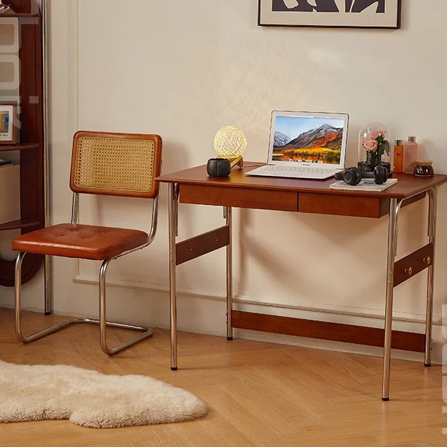Traditional Vintage Rectangular Rubberwood Pine Wood Stainless Steel Desk 2-Drawer For Study