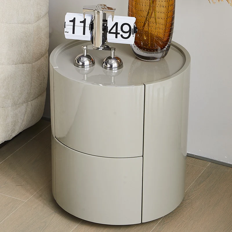 Modern Minimalist Round Solid Wood Plywood Wrought Iron Nightstand With 2-Drawer For Bedroom