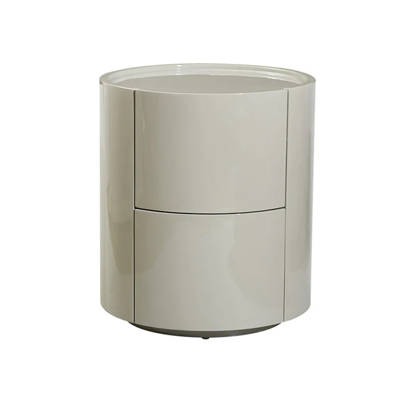 Modern Minimalist Round Solid Wood Plywood Wrought Iron Nightstand With 2-Drawer For Bedroom