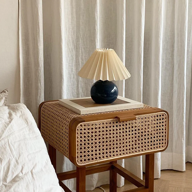 Traditional Japanese Rounded Corner Design Ash Wood Rattan Weaving End Table With 1-Cabinet For Bedroom