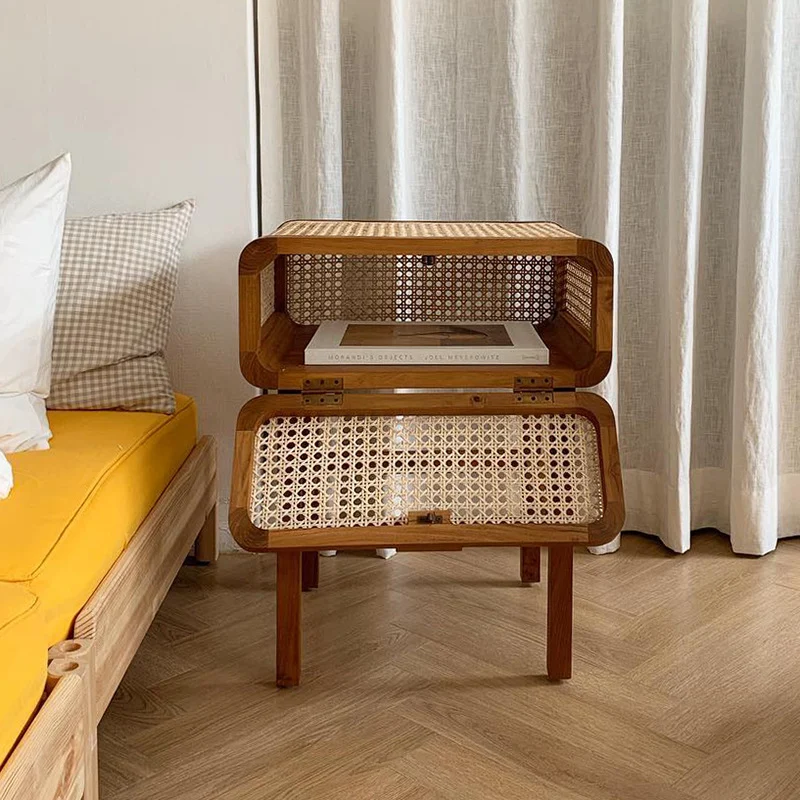 Traditional Japanese Rounded Corner Design Ash Wood Rattan Weaving End Table With 1-Cabinet For Bedroom