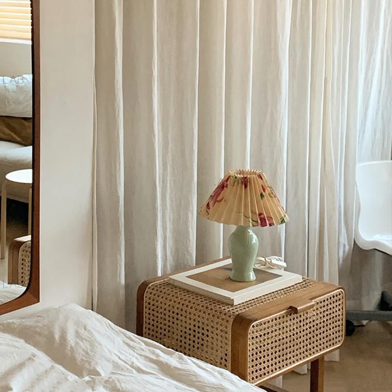Traditional Japanese Rounded Corner Design Ash Wood Rattan Weaving End Table With 1-Cabinet For Bedroom