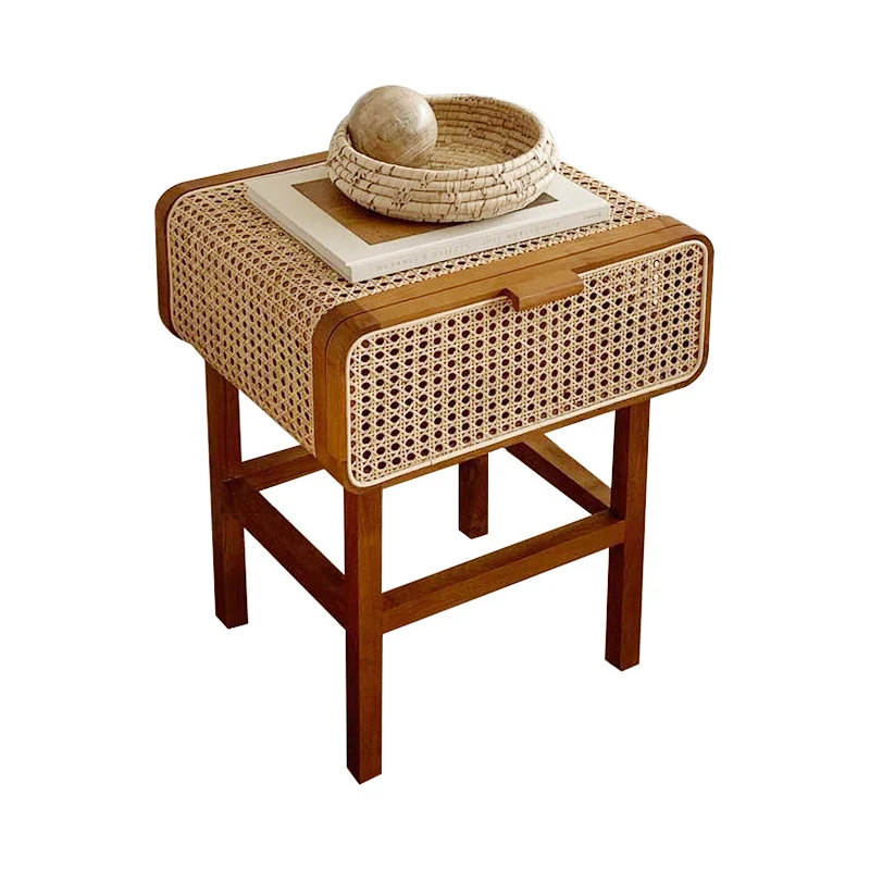 Traditional Japanese Rounded Corner Design Ash Wood Rattan Weaving End Table With 1-Cabinet For Bedroom