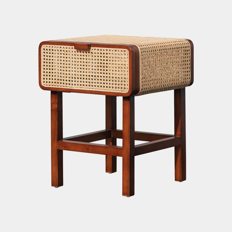 Traditional Japanese Rounded Corner Design Ash Wood Rattan Weaving End Table With 1-Cabinet For Bedroom