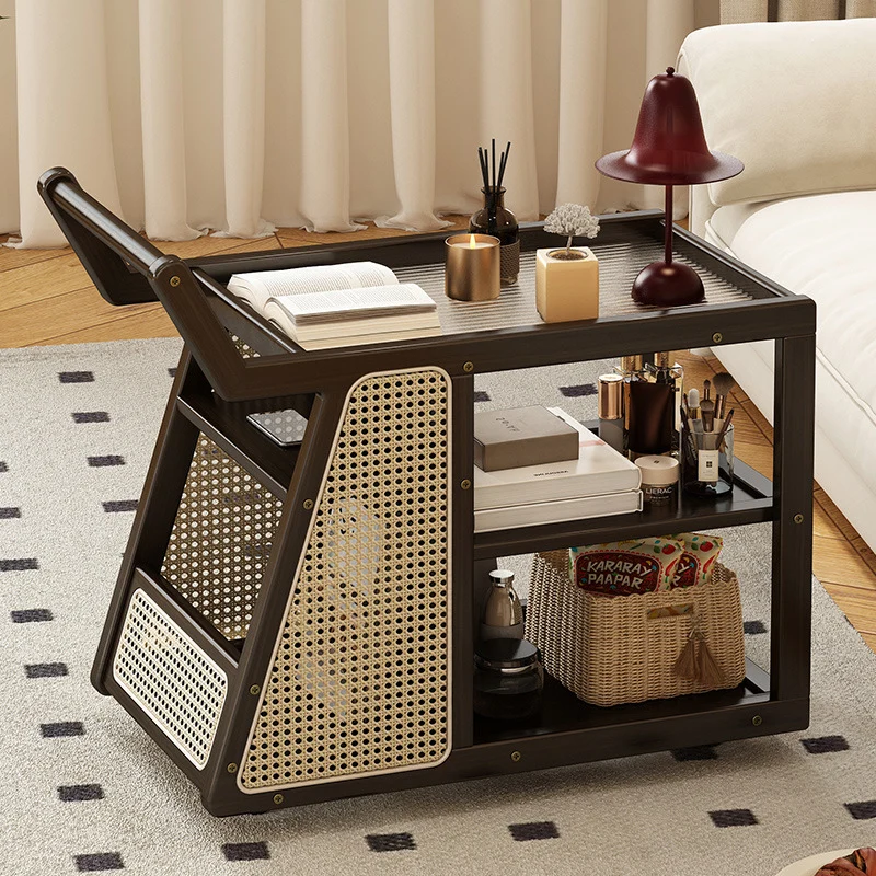 Contemporary Nordic Bamboo Glass Square Movable Plastic Weaving End Table 3-Tier For Living Room