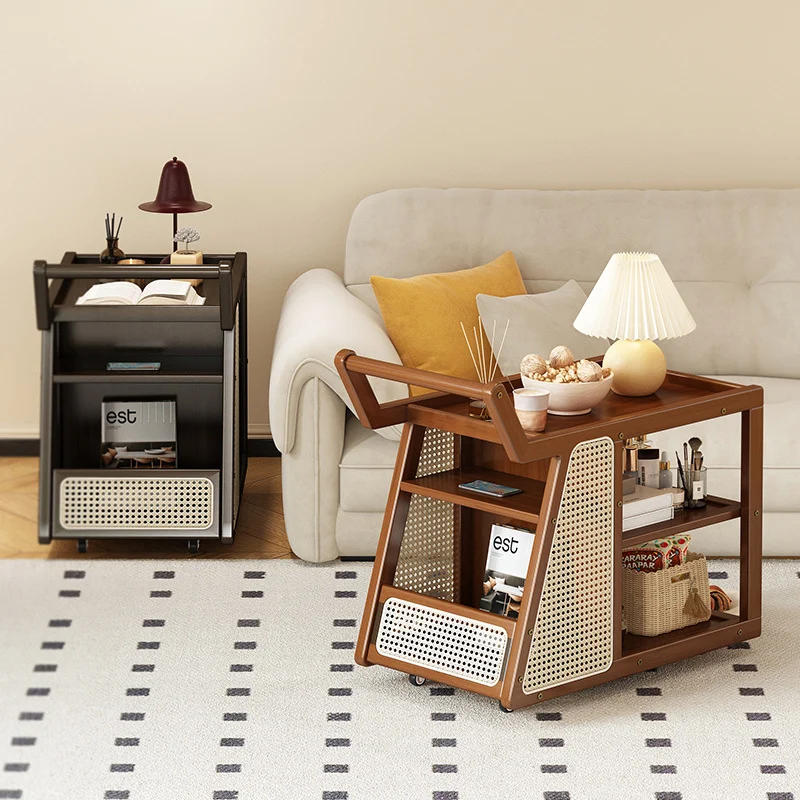 Contemporary Nordic Bamboo Glass Square Movable Plastic Weaving End Table 3-Tier For Living Room