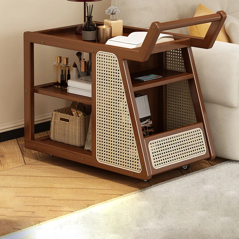 Contemporary Nordic Bamboo Glass Square Movable Plastic Weaving End Table 3-Tier For Living Room
