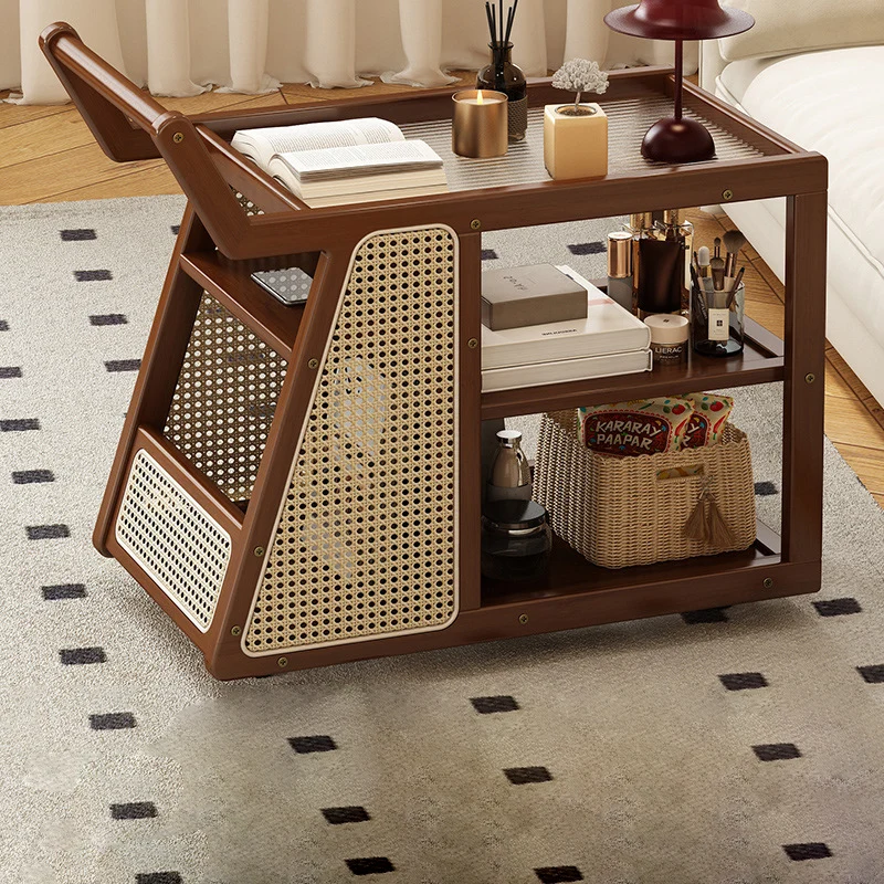 Contemporary Nordic Bamboo Glass Square Movable Plastic Weaving End Table 3-Tier For Living Room